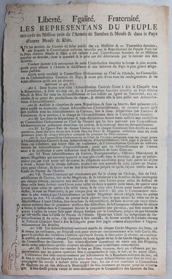 Affiche Armée Sambre & Meuse par Représentants du Peuple - Contributions (1795)