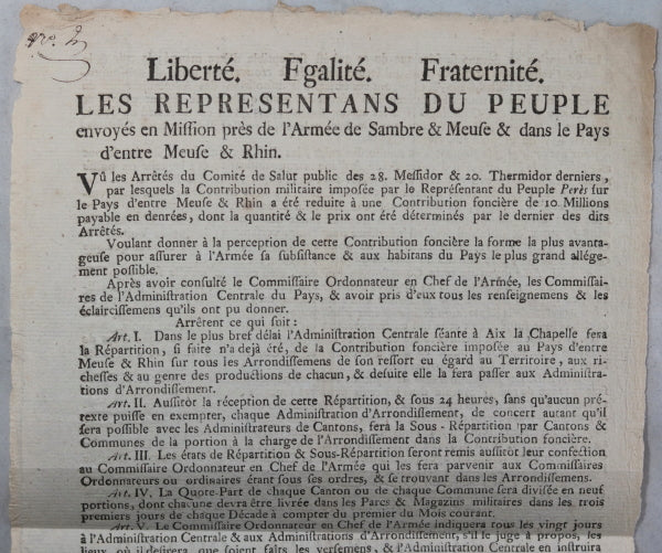 Affiche Armée Sambre & Meuse par Représentants du Peuple - Contributions (1795)