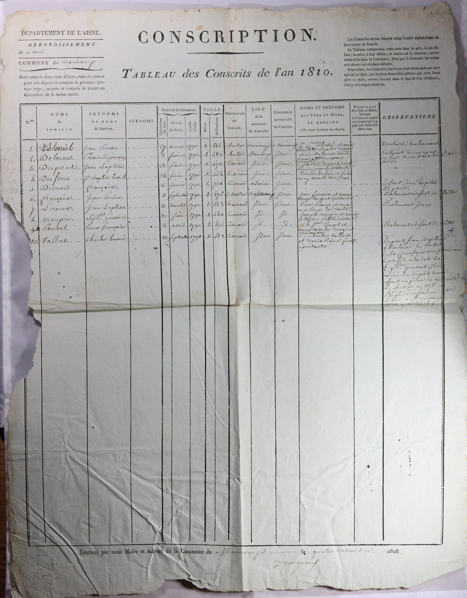 Affiche Empire 'Tableau des Conscrits de l’an 1810' (Manicamp Aisne)
