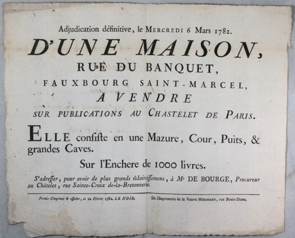 Affichette pour la vente aux enchères d´une maison à Paris 1782