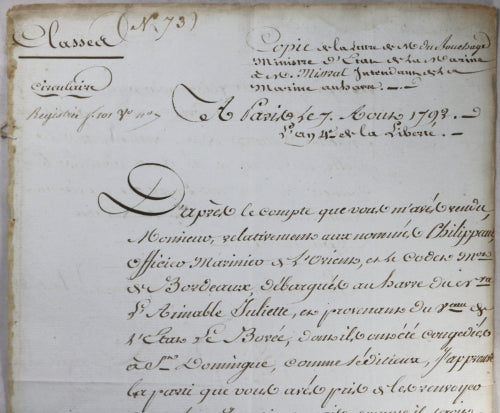 Aout 1792 lettre du Ministre Marine du Bouchage, marins séditieux