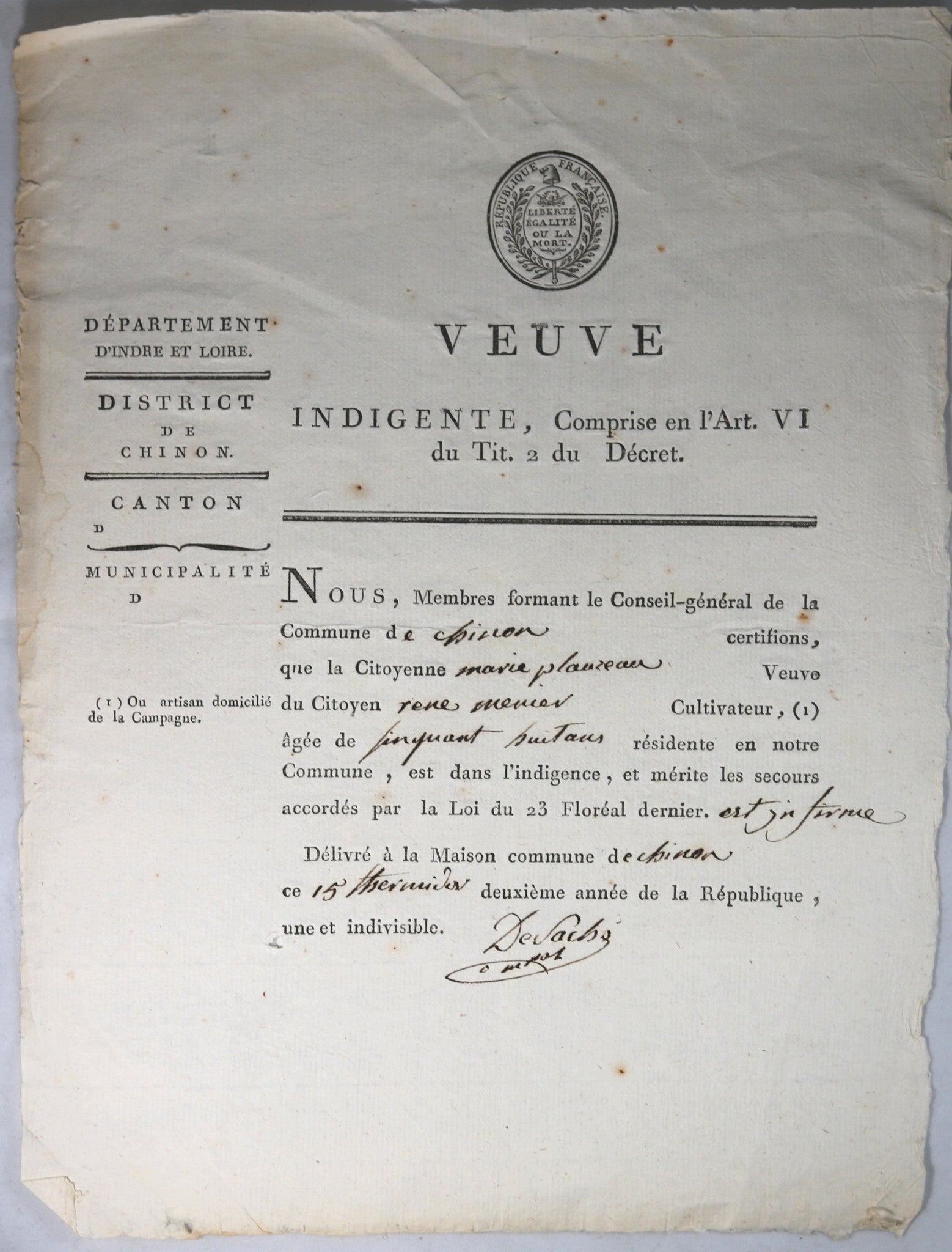 Aout 1794 Chinon secours pour veuve indigente et infirme