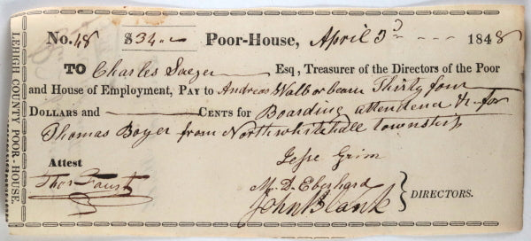 Apr. 3rd 1848 Allentown PA Lehigh County Poor-House: boarding