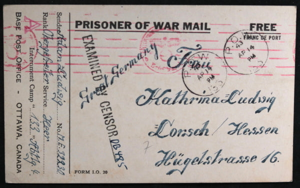 April 1943 card German soldier POW Camp #133 Lethbridge AB to Germany