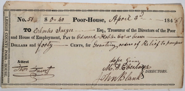 April 3rd 1848 Allentown PA Lehigh County Poor-House pauper relief