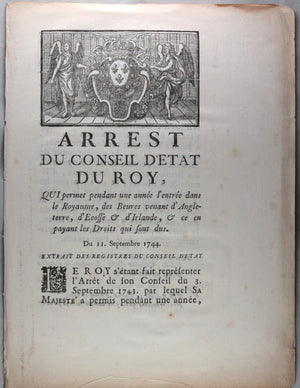 Arrest entrée dans France les beurres d'Angleterre Écosse Irlande 1744