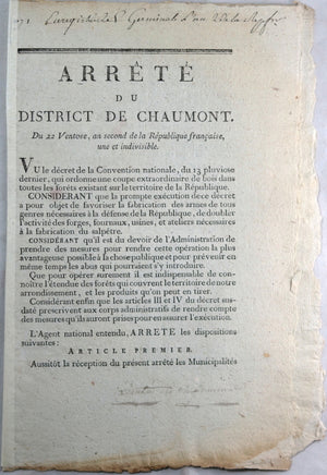 Arrêté 1794 Chaumont coupe de bois - fabrication armes