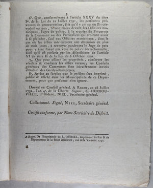Arrété en 1792 du Département de la Seine Inférieure  Police du Glanage