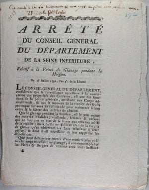 Arrété en 1792 du Département de la Seine Inférieure  Police du Glanage