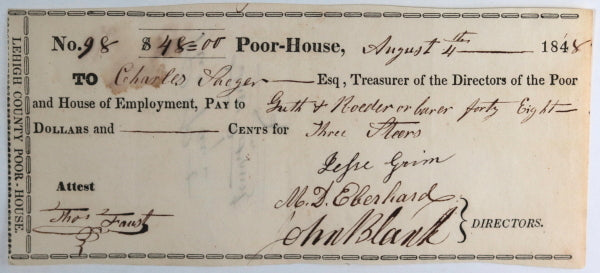 Aug. 4th 1848 Allentown PA Lehigh County Poor-House cheque: 3 steers