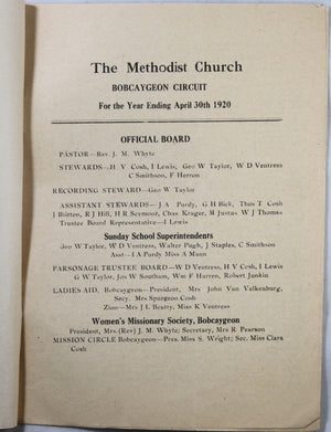 Bobcaygeon Circuit of the Methodist Church - Financial reports 1920 & 1921