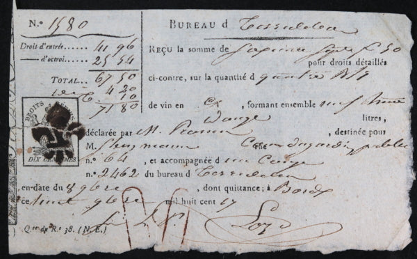 Bordeaux quittance transport de vin, tampon fleur de lys