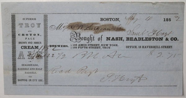 Boston 1852  pre-Civil War receipt,  purchase Troy & Croton beer 