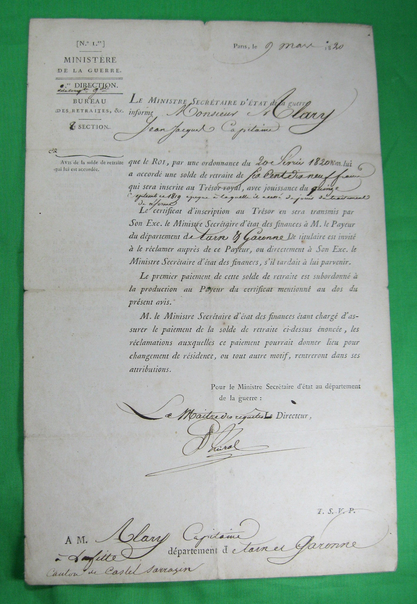 Brevet de pension de la Ministere de Guerre pour un Capitaine 1820