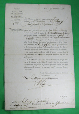 Brevet de pension de la Ministere de Guerre pour un Capitaine 1820