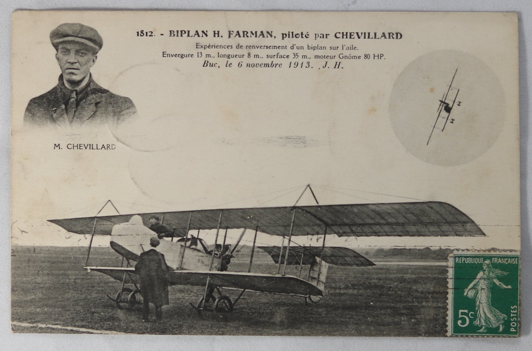 CPA avec photo de Chevillard dans son biplane FARMAN 1913