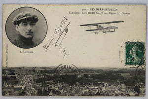 CPA photo avec autographe de l’aviateur Debergue dans son biplane 1913