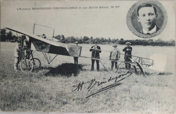 CPA photo aviateur Brindejonc avec son avion Blériot-Gnôme