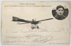 CPA photo et autographe de l’aviateur Lacombe sur son Deperdussin 1911