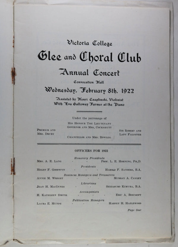 Canada Toronto 1923-23 two programmes Victoria College Glee Club
