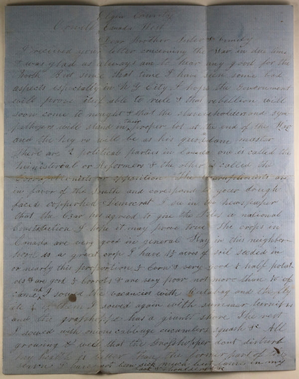 Canada West letter farmer to brother in Union Army (Ohio) c.1862_63