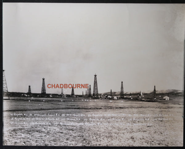 Canada panoramic photo of 19 oil/gas rigs Turner Valley Alberta c.1932