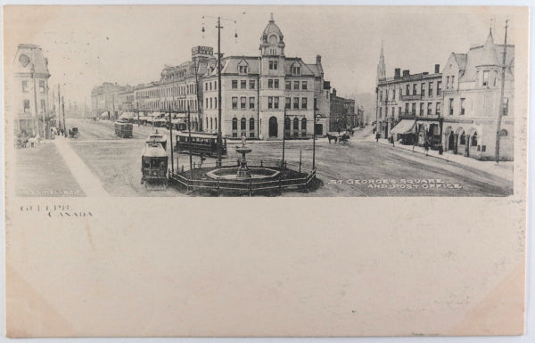 Canada postcard Guelph Ont. St Georges Sq., streetcars, horses @1904