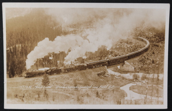 Canada three photo postcards CPR trains in B.C. Rockies  c. 1920s