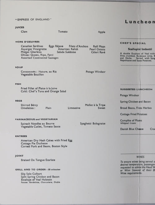 Canadian Pacific Steamships Menu Empress of England - 1962