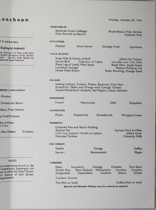 Canadian Pacific Steamships Menu Empress of England - 1962 Canadian Pacific Steamships Menu Empress of England - 1962