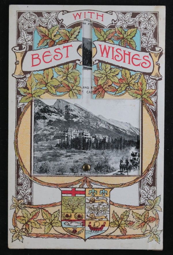 Canadian Rockies tourism 'fan' postcard with multiple photos c. 1910
