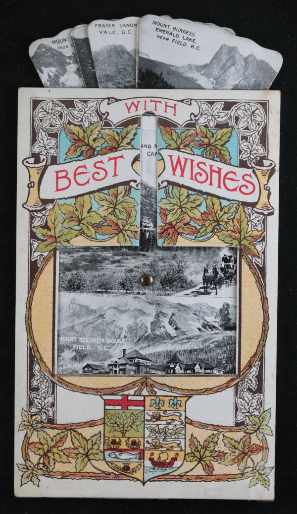 Canadian Rockies tourism 'fan' postcard with multiple photos c. 1910