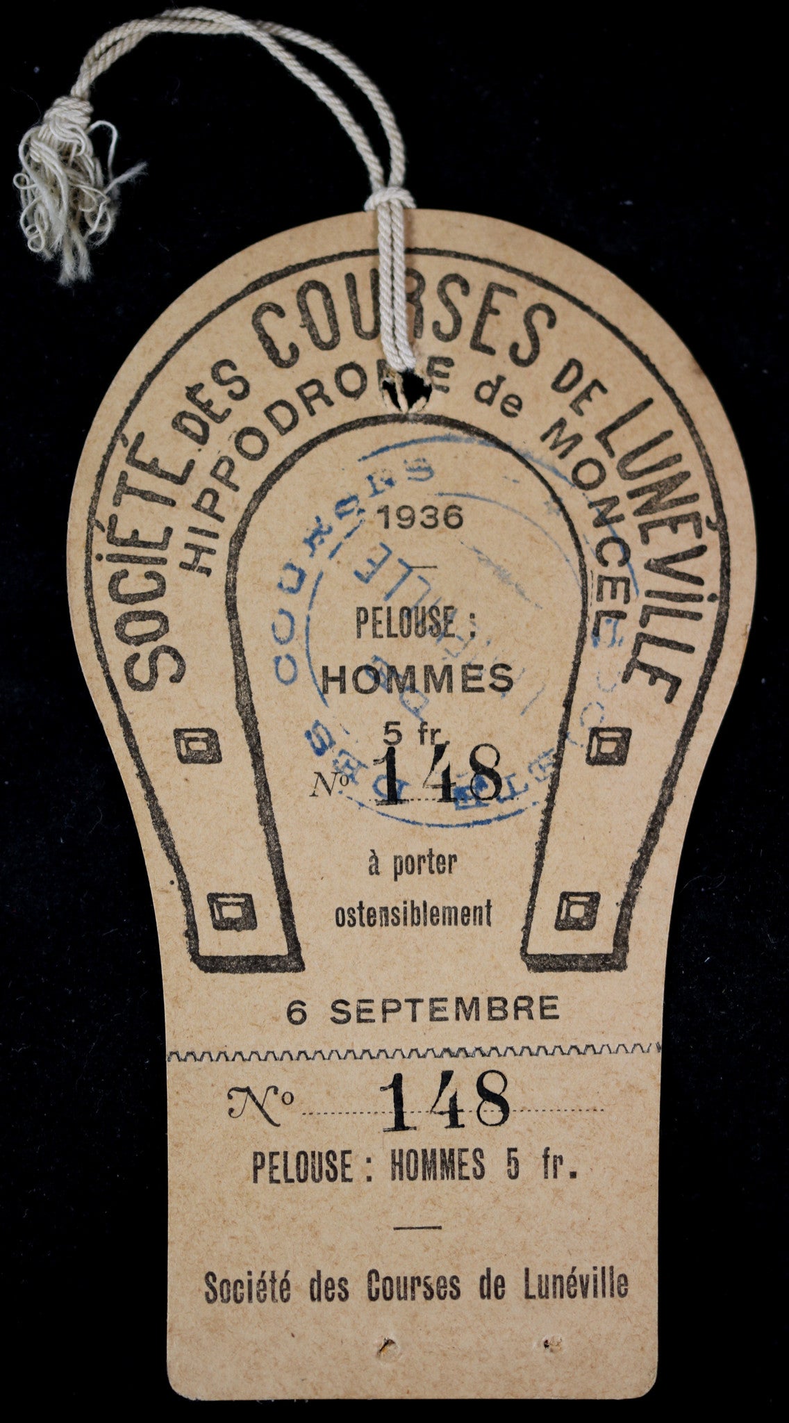 Carte d'entrée - courses hippiques Lunéville 1936