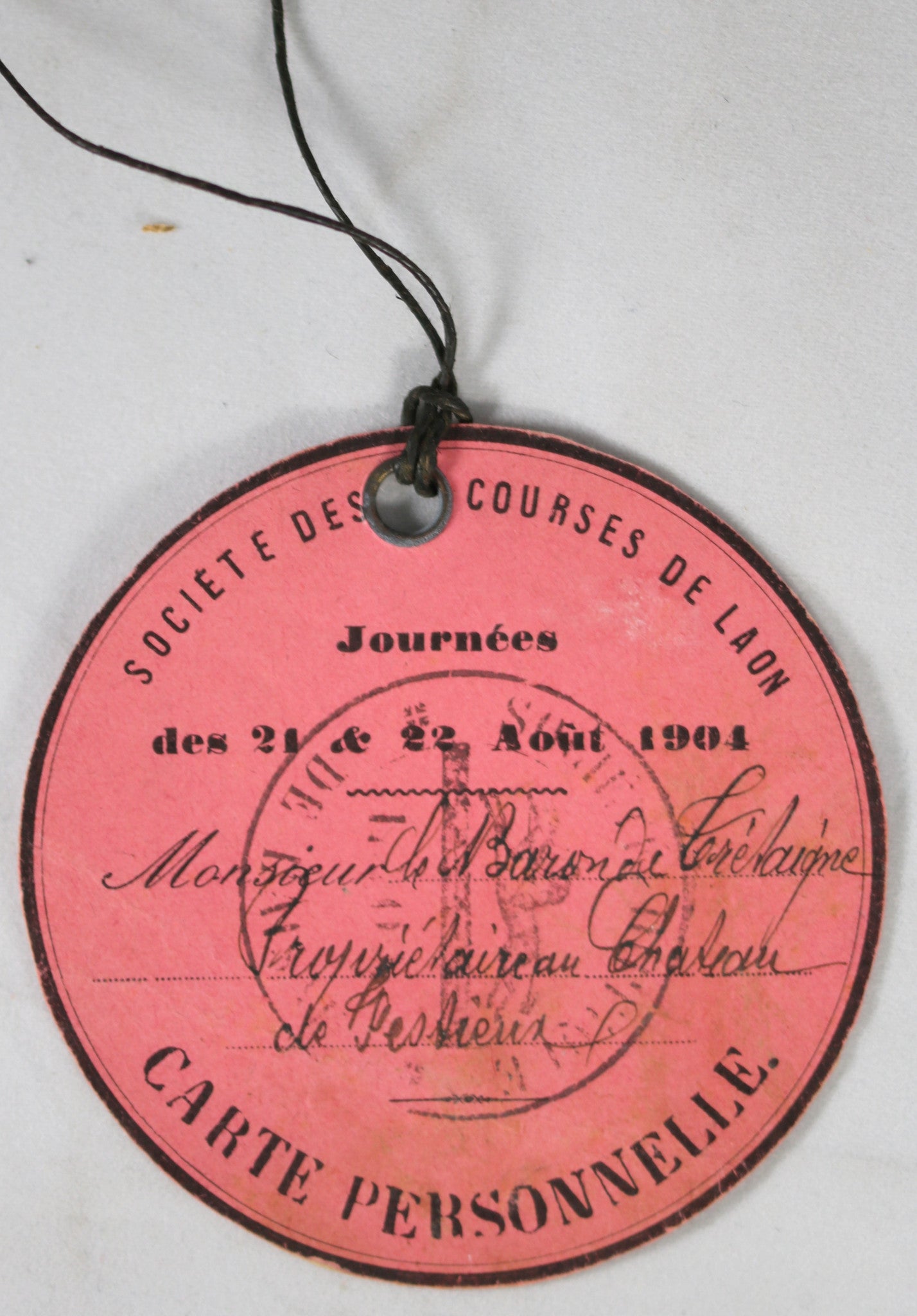 Carte personelle Société des Courses de Laon (hippique) 1904