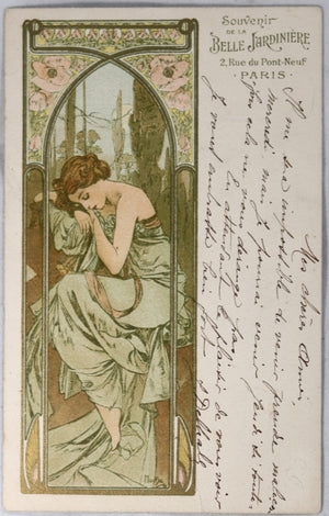 Carte postale Belle Epoque avec image 'Heures du Jour' de Mucha ~1901