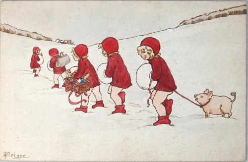 Carte postale avec image hivernale dessinée à la main par Peigne @1910