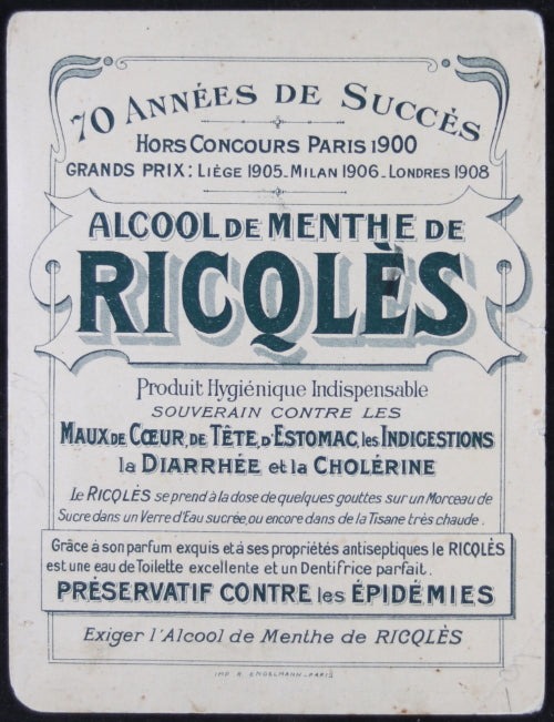 Carte publicitaire illustré pour Ricqlès, alcool de menthe (début 20e)