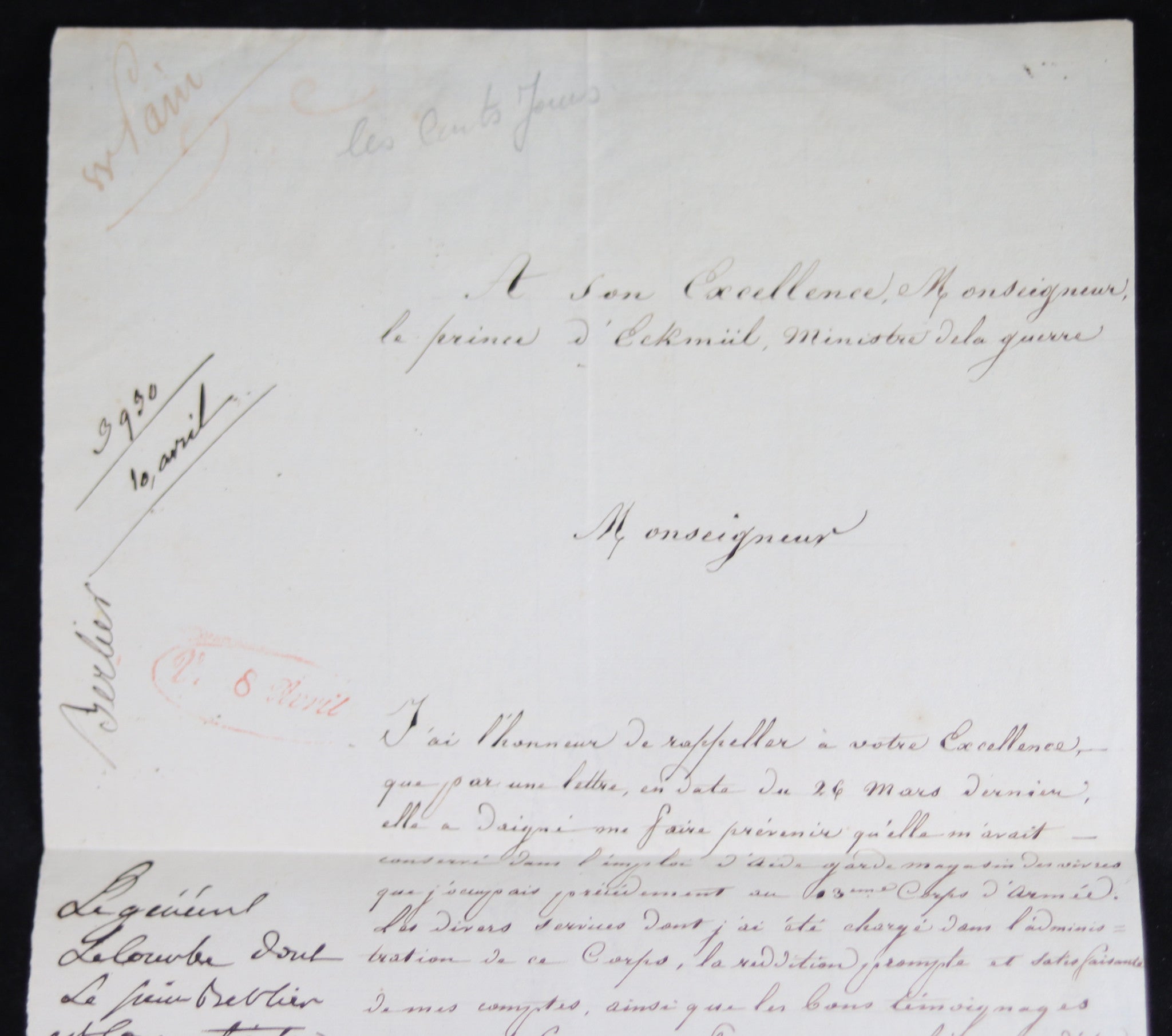 Cent Jours 1815: demande au Prince d'Eckmul, Minstere de la Guerre, pour avancement
