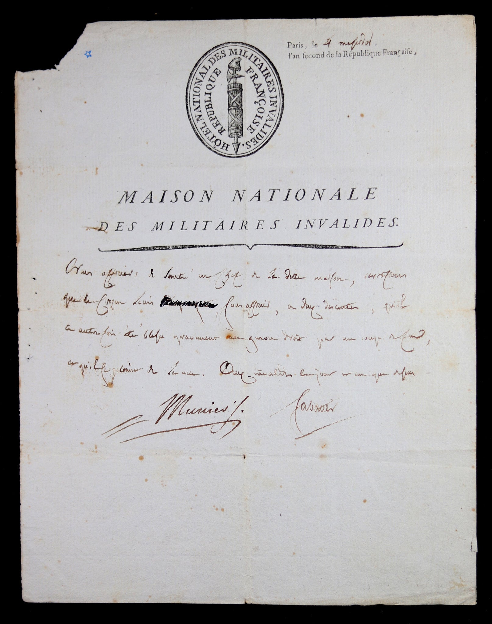 Certificat de la Maison Nationale des Militaires Invalides - Paris 1794