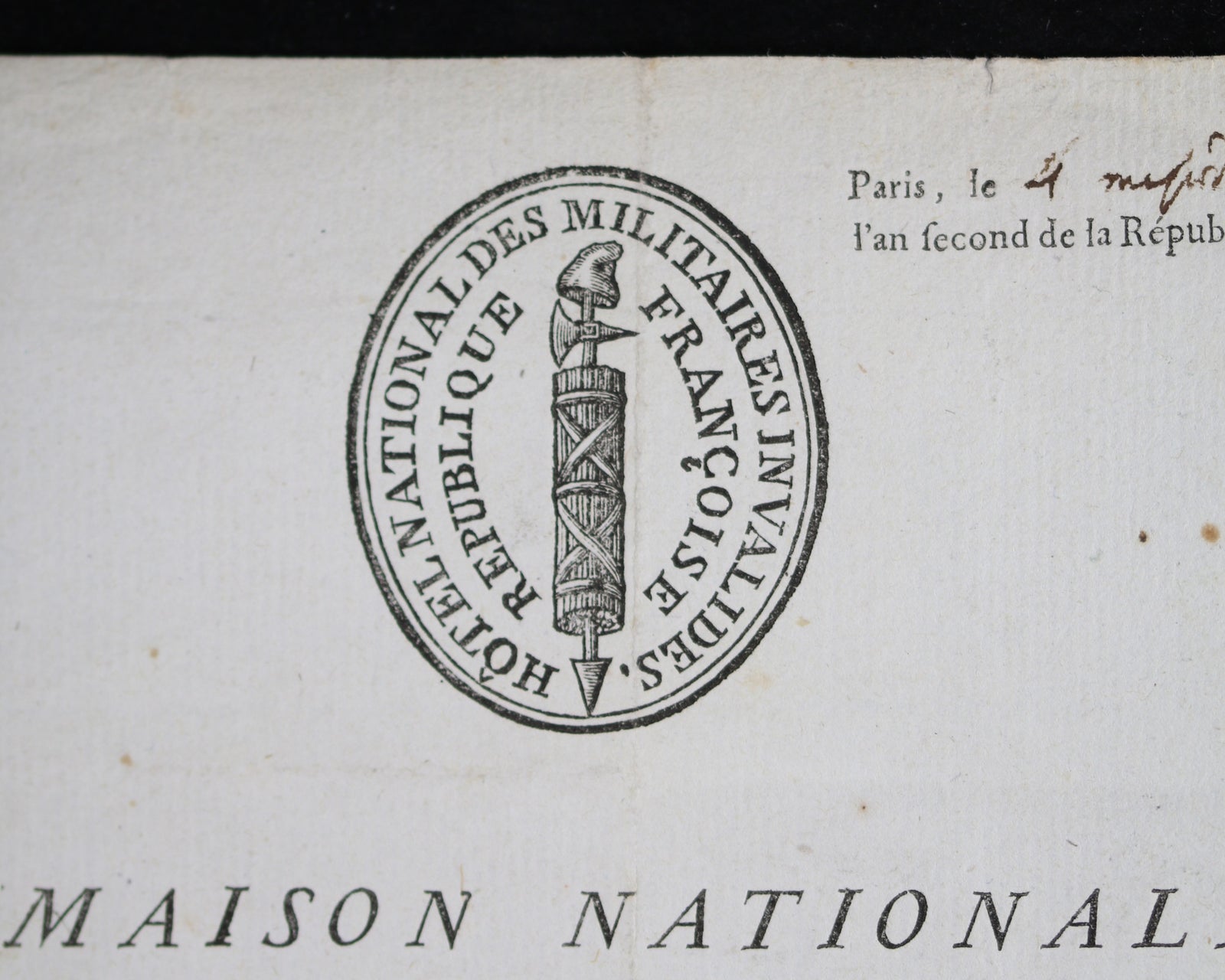 Certificat de la Maison Nationale des Militaires Invalides - Paris 1794