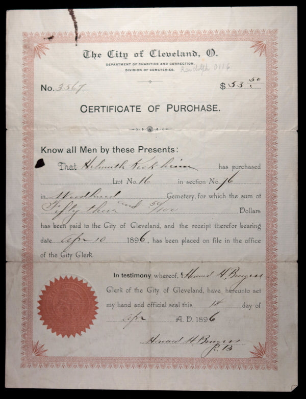 Certificate of Purchase - Cemetery Plot Cleveland 1896 & 1885 receipt