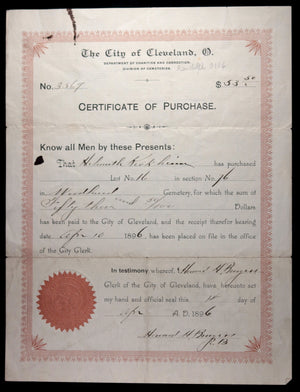 Certificate of Purchase - Cemetery Plot Cleveland 1896 & 1885 receipt