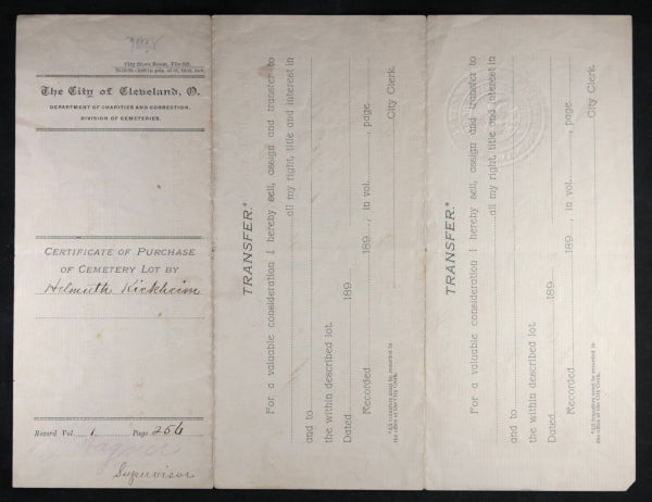 Certificate of Purchase - Cemetery Plot Cleveland 1896 & 1885 receipt
