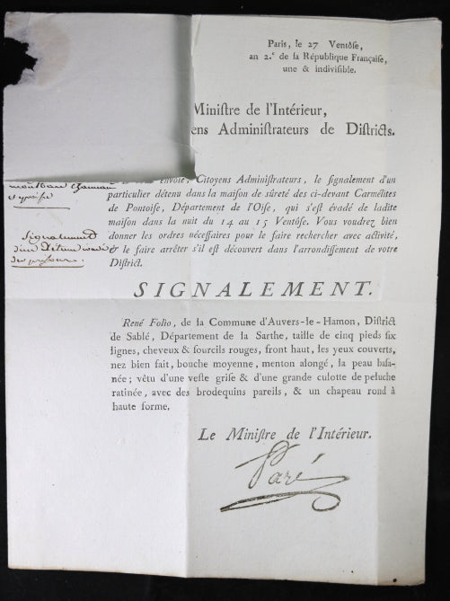 Circulaire recherche d’un évadé maison d’arrêt à Pontoise (1794)