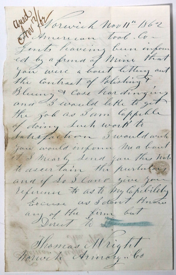 Civil War 1862 letter to American Tool Co. Norwich CT contract (guns)