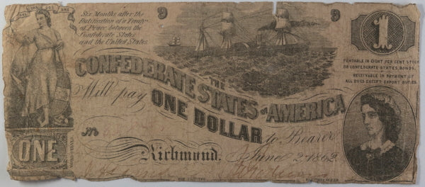 Civil War June 1862 Richmond Virginia Confederate $1 banknote