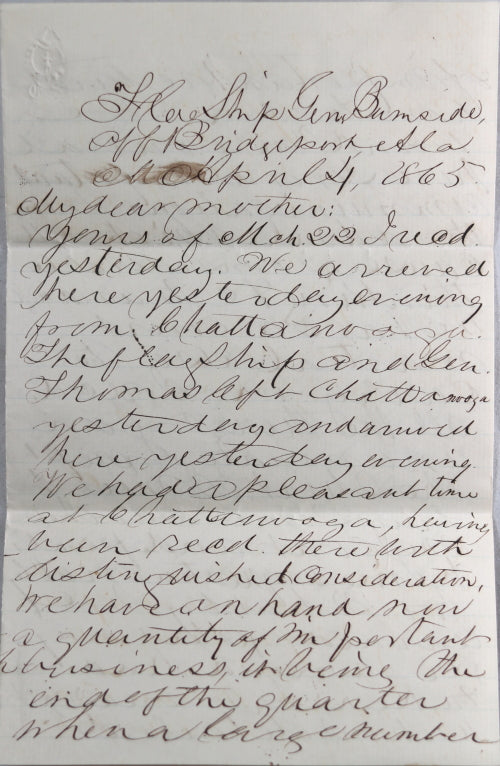 Civil War 1865  letter from seaman on USS Burnsides, Bridgeport TN
