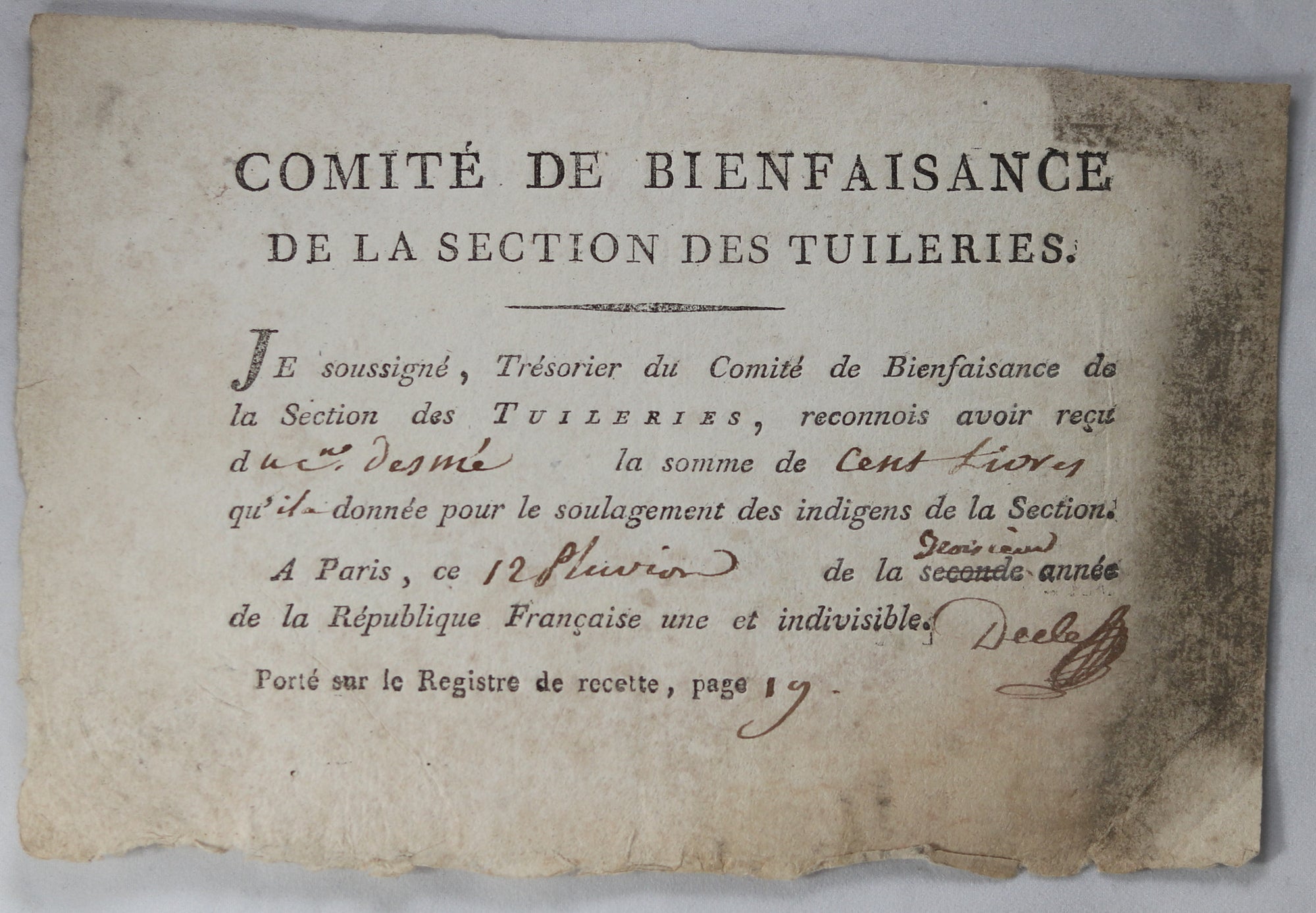 Comité de Bienfaisance - Section des Tuileries Paris 1795