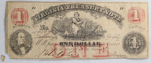 Confederate Virginia Treasury Note 1862 $1