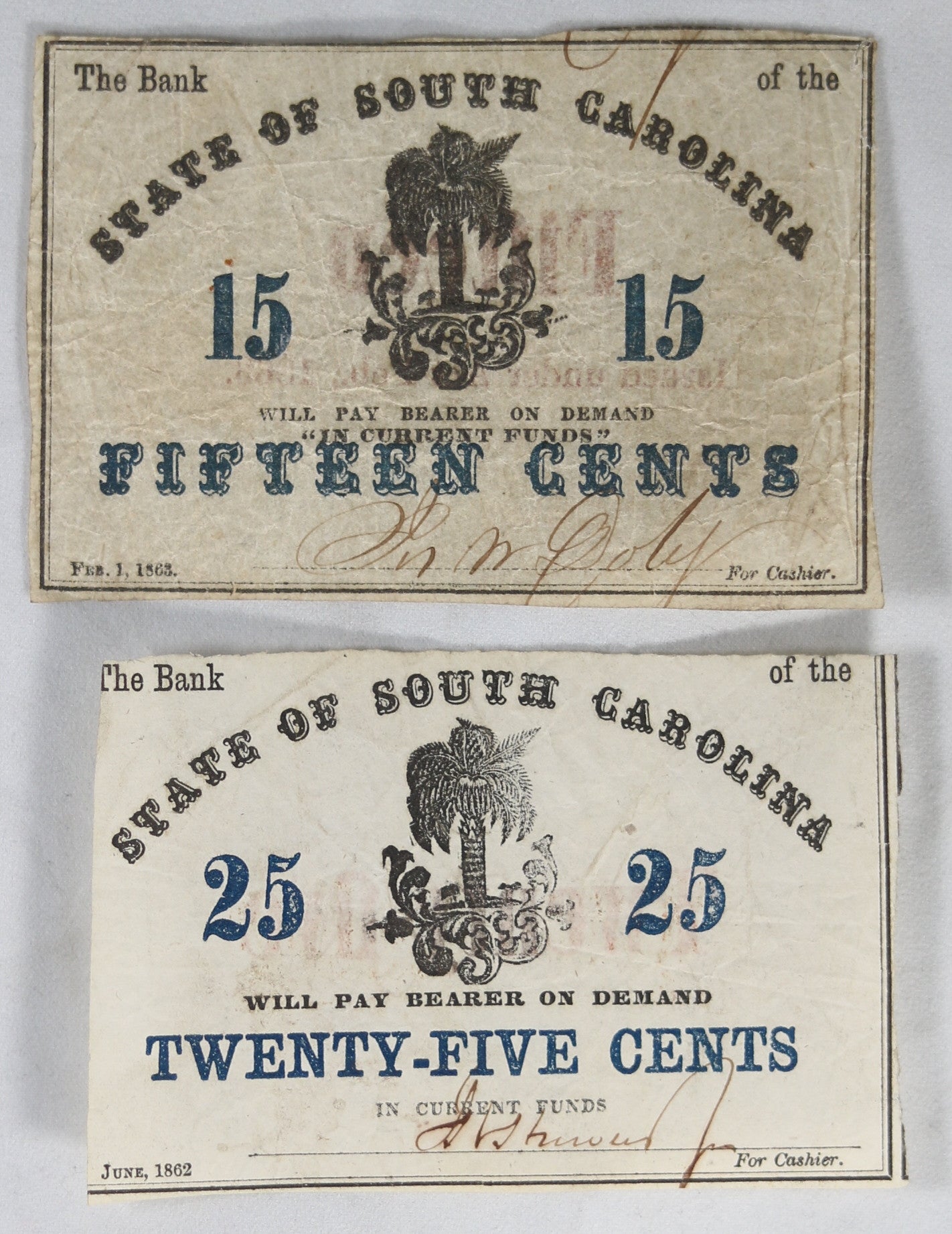 Confederate notes Bank of South Carolina 15¢ & 25¢ (1863/2)